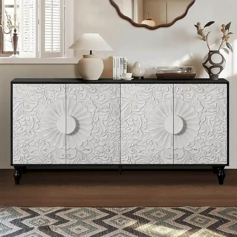 Black & White Vintage Carved Sideboard, 1-Person Assembly