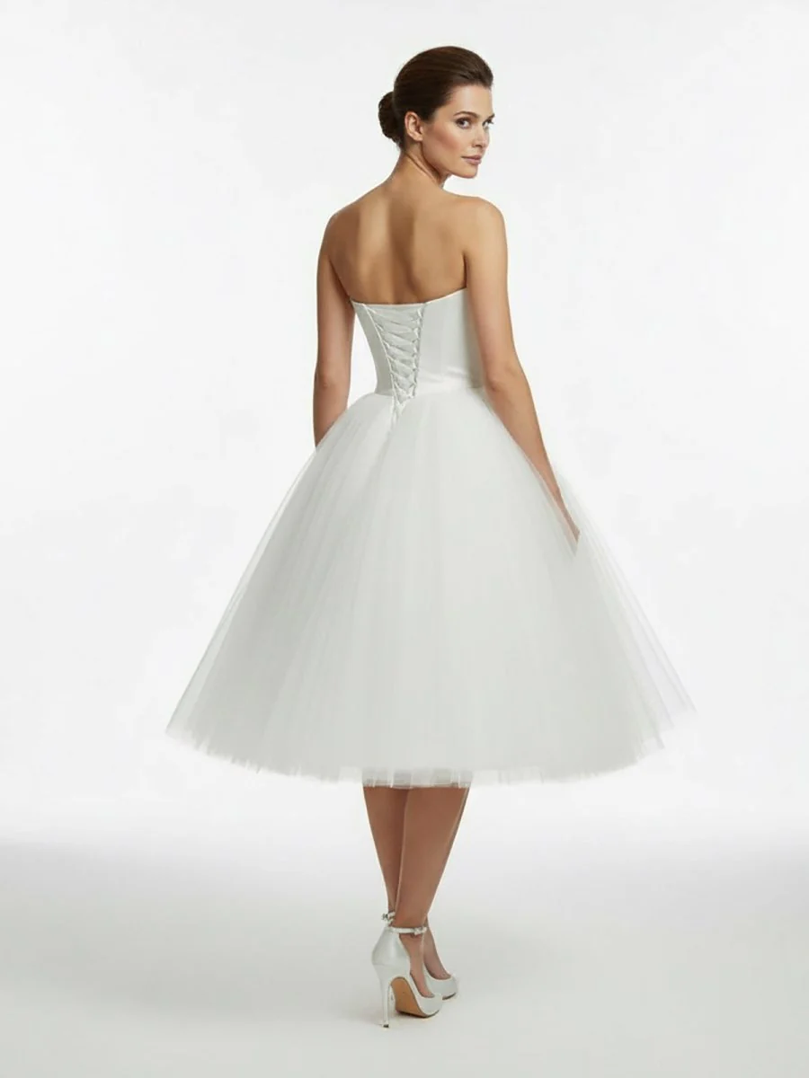 Sweetheart Empire Tea-Length Tulle Wedding Dress With Lace-Up Back