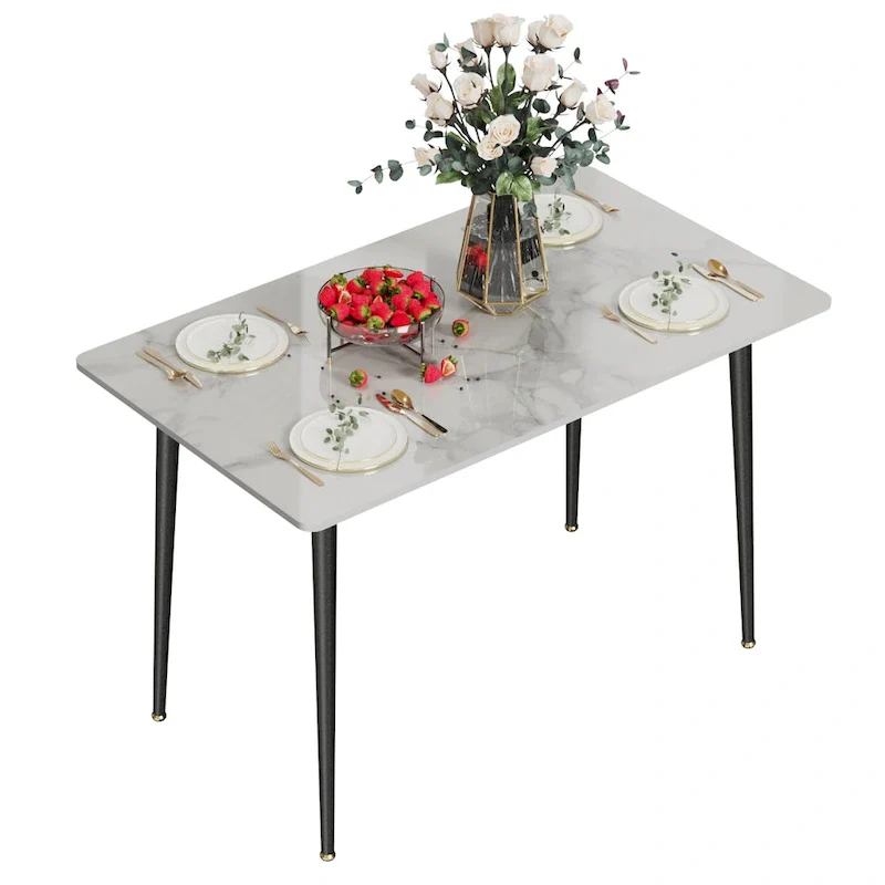 6 Seater Kitchen Dining Table Modern Marble Tabletop Rectangular with Tapered Metal Legs