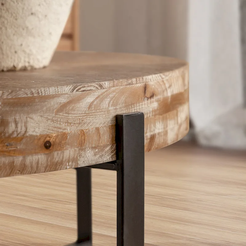 31W Round Coffee Table With Fir Wood Table Top and Metal Frame End Table