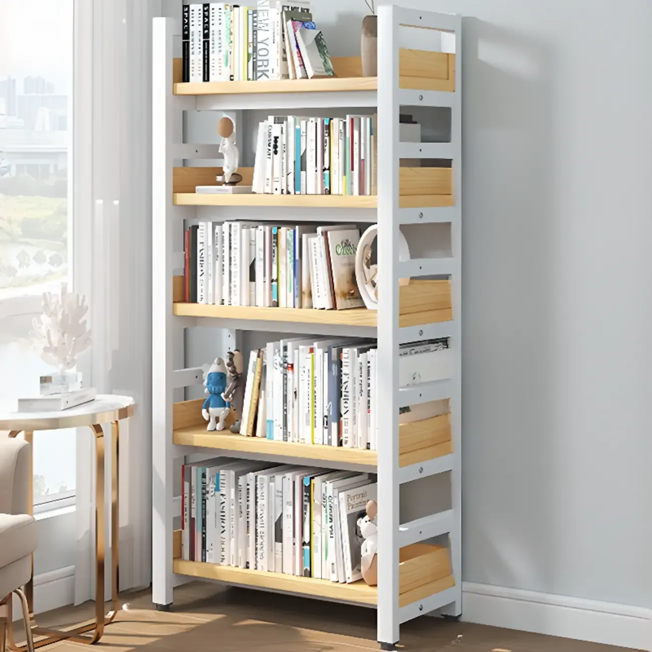 Freestanding Simple Multi-Layer Wood Bookshelf in Steel Frame