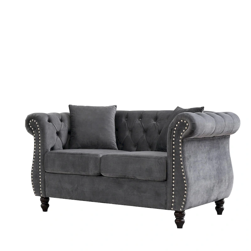 Velvet Chesterfield Loveseat Sofa, Rolled Arms, Nailhead Trim