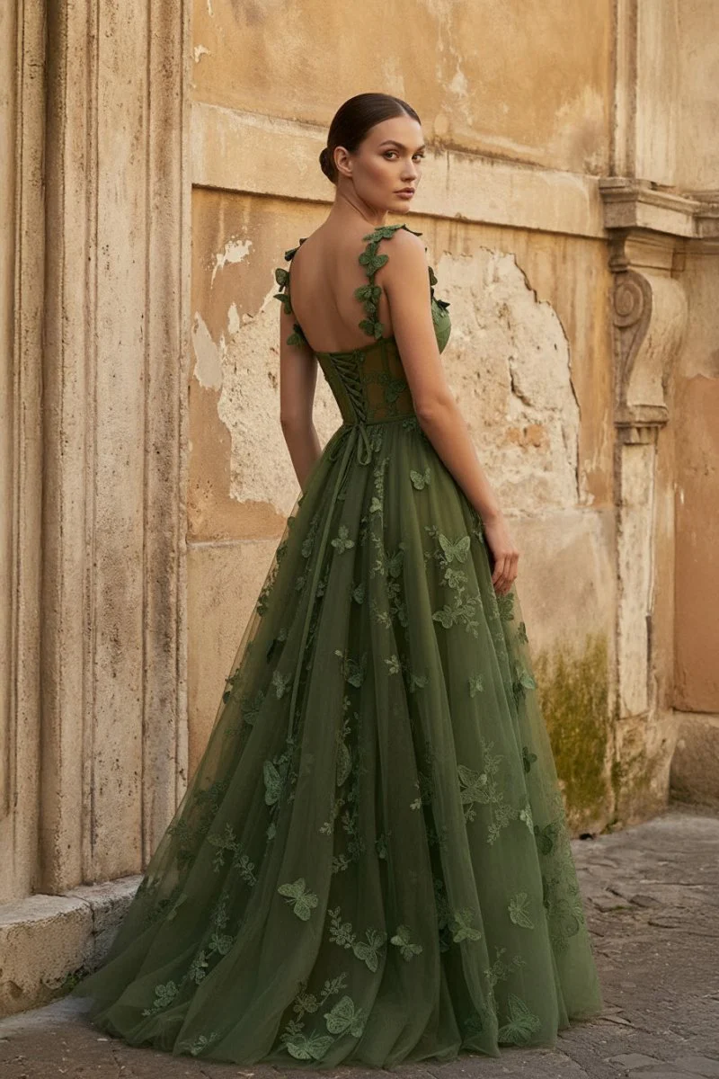 Moss A-line Butterfly Lace Lilac Corset Prom Dress with Slit