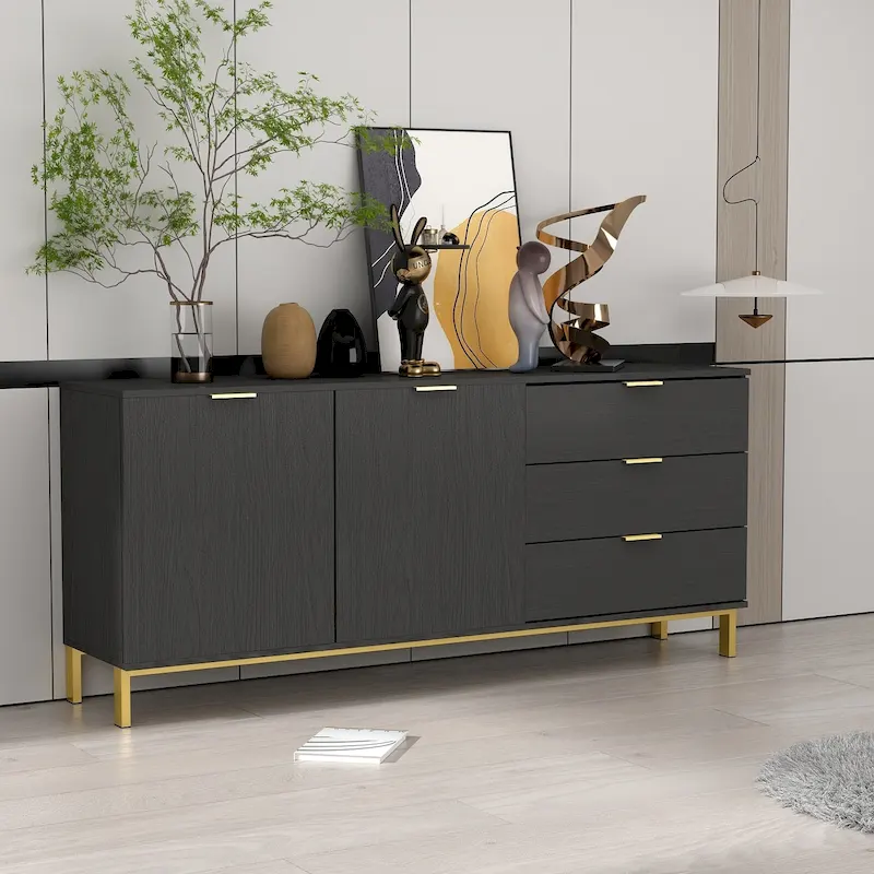 Black / White Mid-Century Modern Dresser with 3 Drawers, Cabinet & Gold Legs – Single
