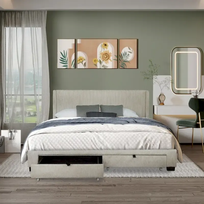 Footboard Drawer Storage Upholstered Wingback Bed