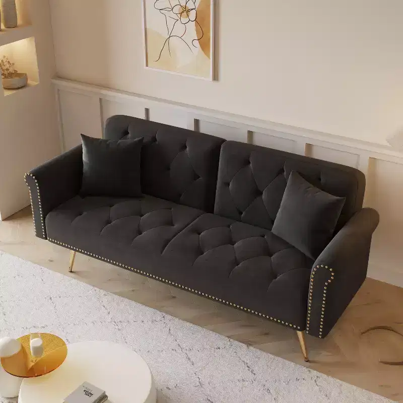 MAYEERTY Black Velvet Fabric Sofa Featuring Nail Head Trim and Accompanied By A Matching Throw Pillow