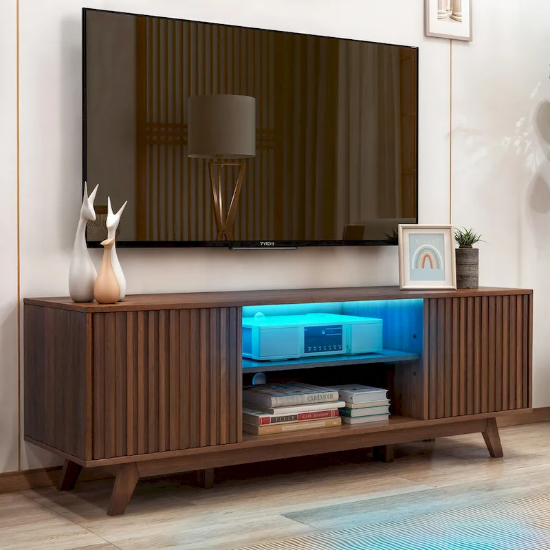 Walnut Mid-Century TV Stand with RGB LED Lights & Slatted Doors - For TVs up to 65