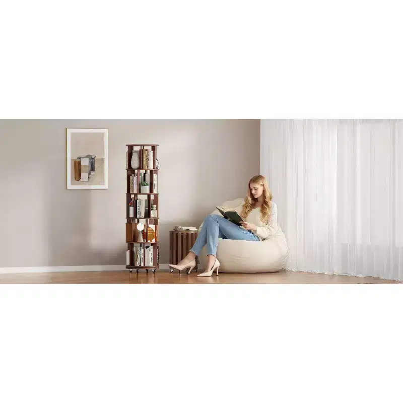 Okak 360 Rotating Bookshelf with Wheels, Solid Wood Narrow Bookcase with 5-Tier, Display Case for Living Room, Office, Bedroom, Walnut