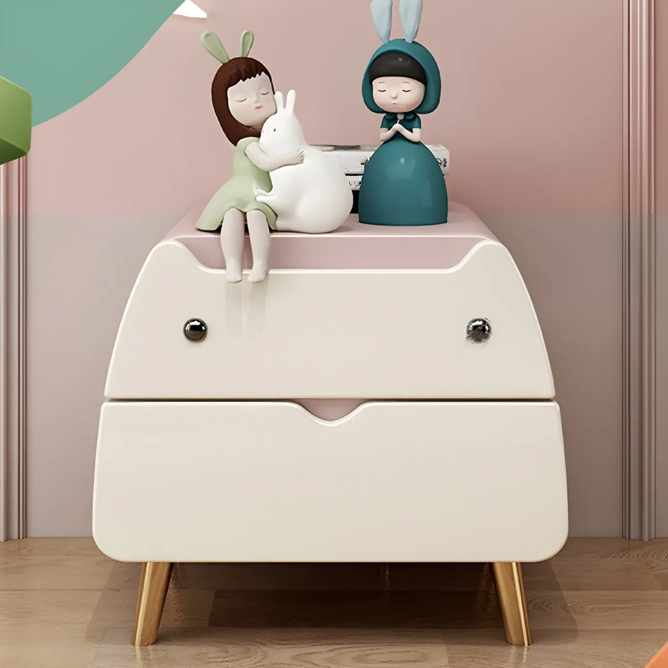 Pink Cute Cat Shape Scandinavian Nightstand with 2 Drawers