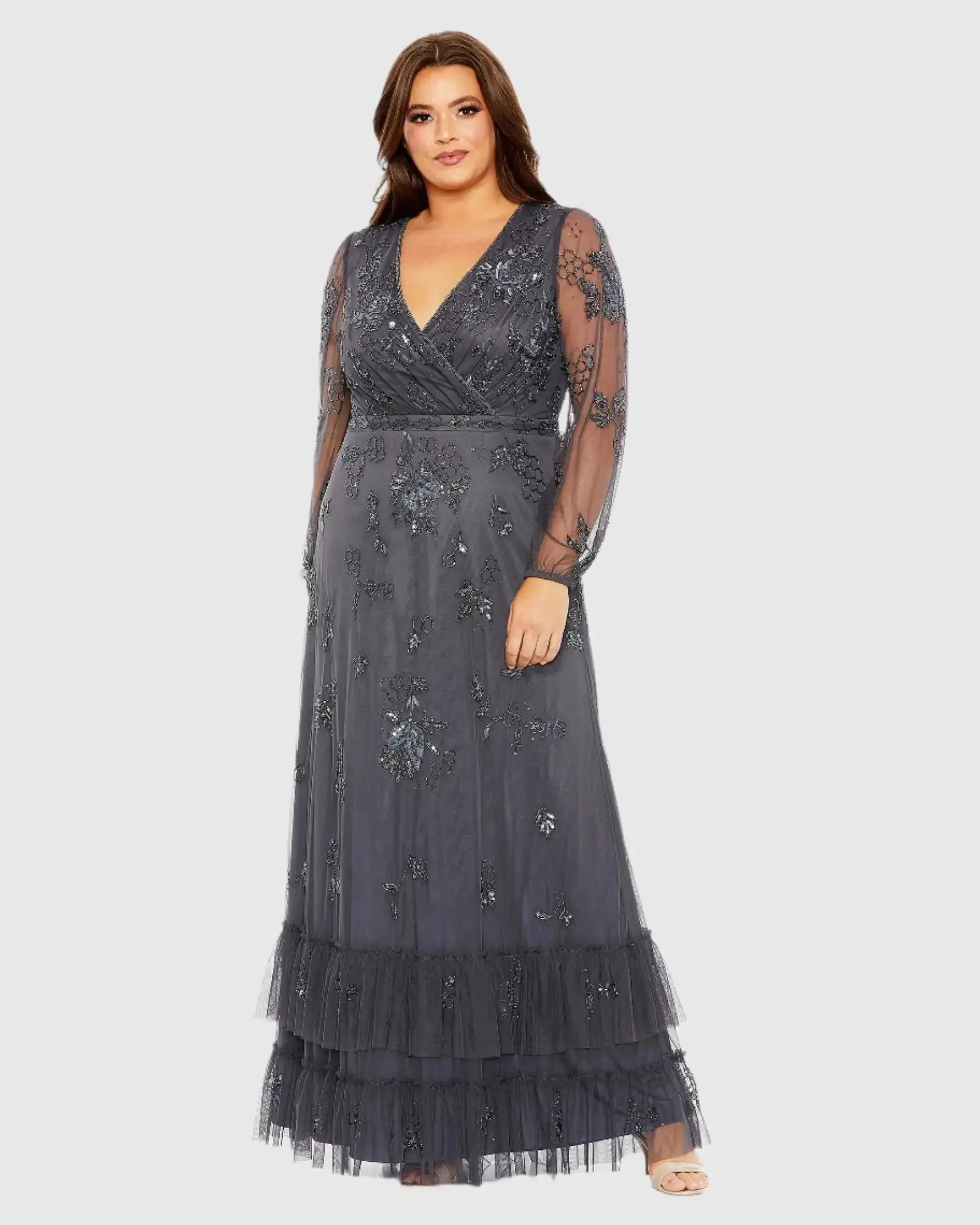 Puff Sleeve V-Neck Tiered Embellished Gown