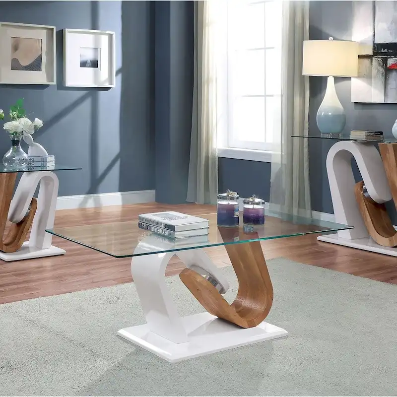 Contemporary White and Natural 47-inch Glass Top 2-Piece Coffee Table Set