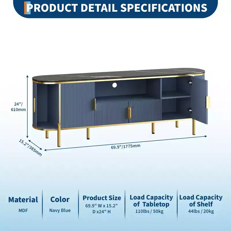 Round Wave Pattern Four-Door TV Stand , Adjustable Shelves, Imitation Marble Top, Gold Metal Decoration, Soft Closing Hinges