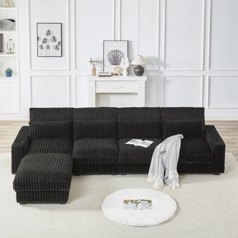 Black/Grey/Beige/Army Green Corduroy L-Shaped Sectional Sofa with USB Port, Seats 4-5