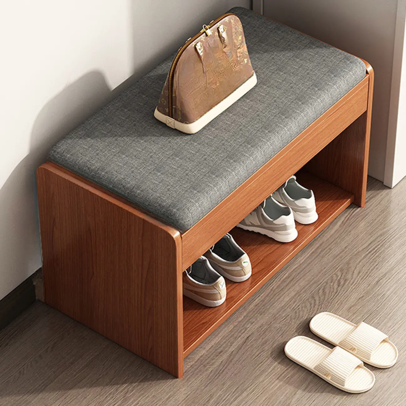 Brown Wood Shoe Storage Bench with Flip-Up Storage