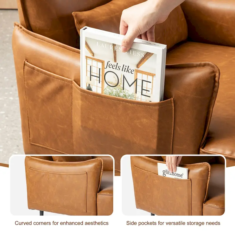 Glitzhome Set of 2 29.5 W Mid-Century Modern Leatherette Armchairs With Side Pocket - 29.5  W x 32  H x 28.75  D