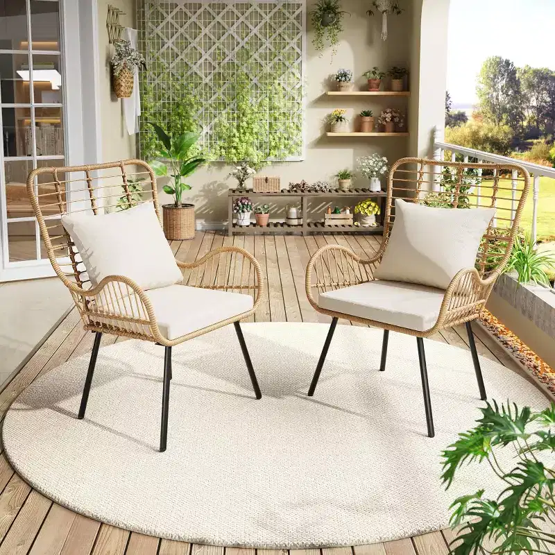 Set of 2 Boho Rattan Chair,AllWeather Wicker Patio Chairs with Thick Cushions & Pillows for Poolside,Patio,Balcony,Porch,Backyard&Indoor Living Room