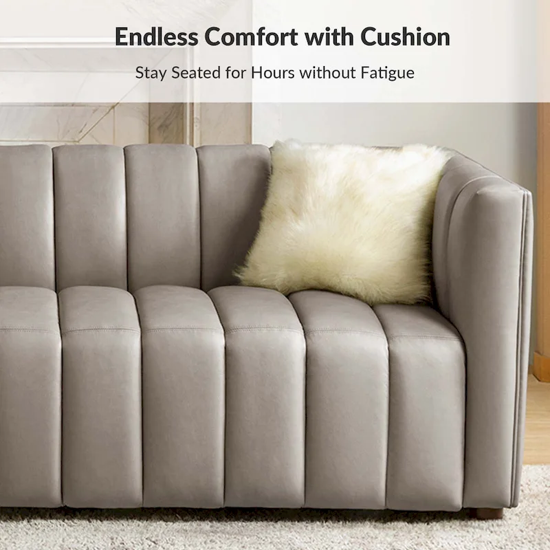 Modern Camel 83-Inch Genuine Leather Curved Couch with Channel Back