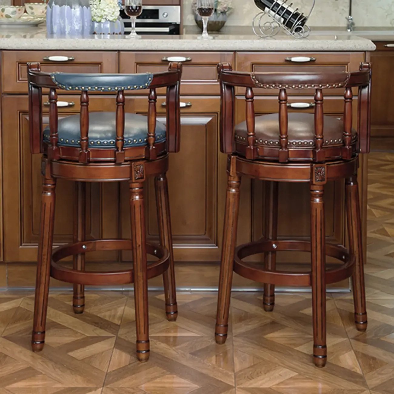 Swivel Counter Height Bar Stools in Genuine Leather & Walnut Solid Wood