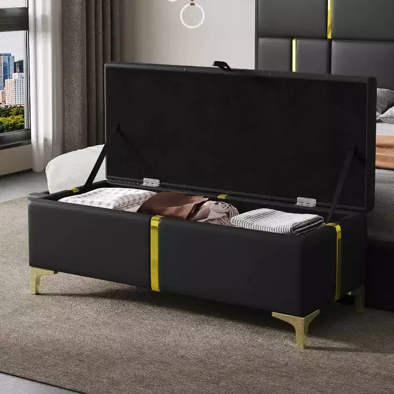 MAYEERTY upholstered Storage Ottoman Storage Bench with Metal Legs for Bedroom Black