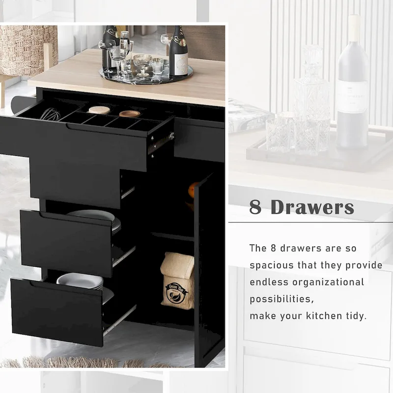 8 Drawer Rubber Wood Kitchen Island