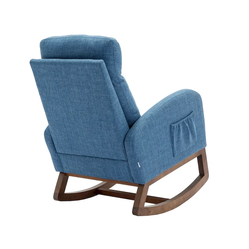 Blue 27 Upholstered Rocking Chair with Wood Legs and Convenient Side Pocket
