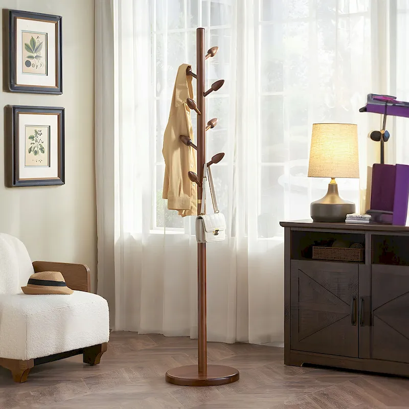 Rubberwood Freestanding Coat Rack, Coat Tree with 8 Bud-shaped Hooks - 15.75Dia. x 72.44H