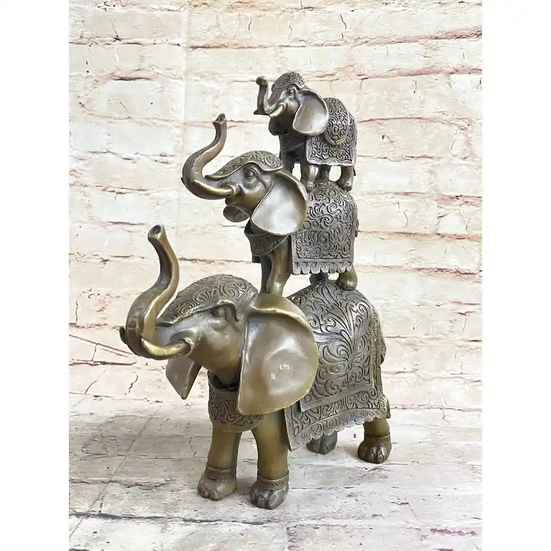 Stacked 3 Lucky Imitative Elephants Bronze Metal Statue Sculpture Figurine 12 Inches X 12 Inches