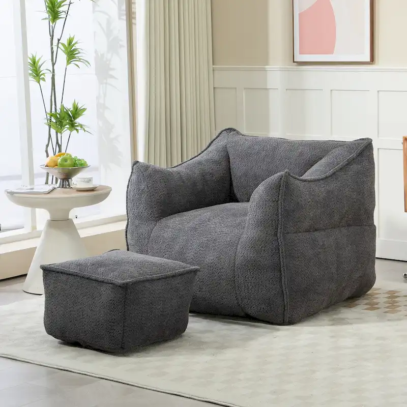 Boucle Upholstered Deep Seat Armless Square Bean Bag Chair with Ottoman
