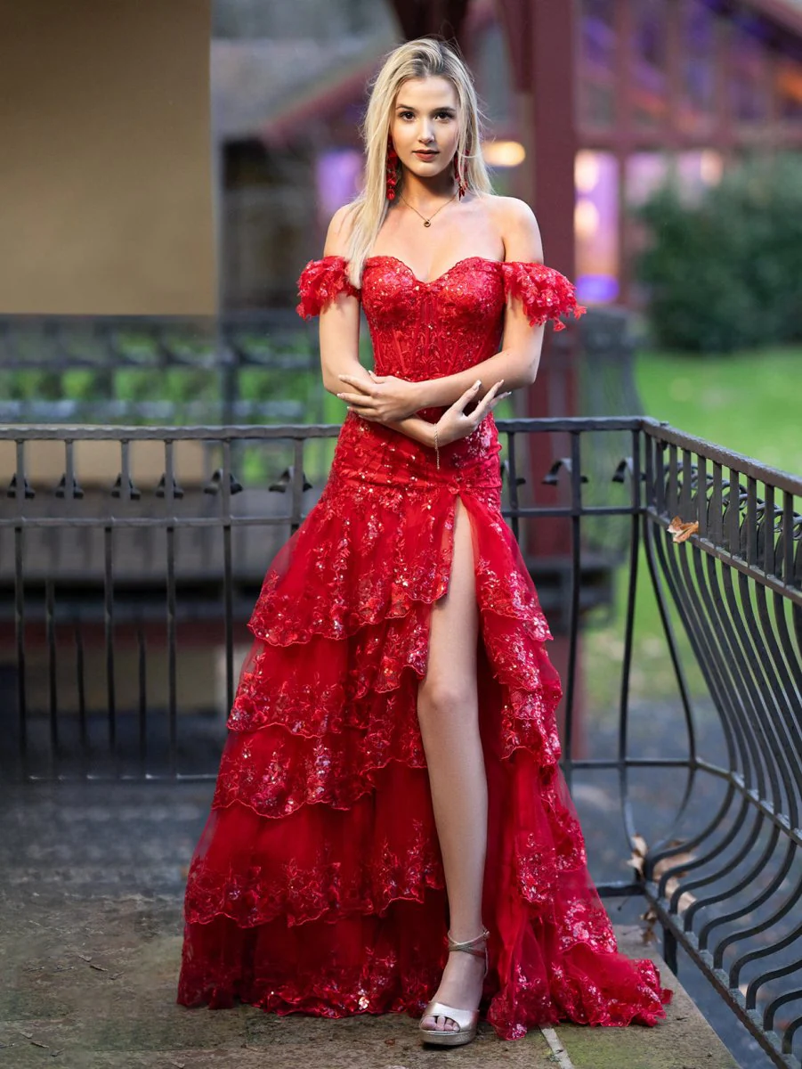 Sheath Off the Shoulder Long Lace Prom Dress (Lace-up Back)