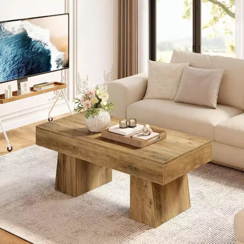 Lantine 47-Inch Farmhouse Coffee Table, Wooden Rectangular Accent Center Table with Thick Base for Living Room, Rustic Brown