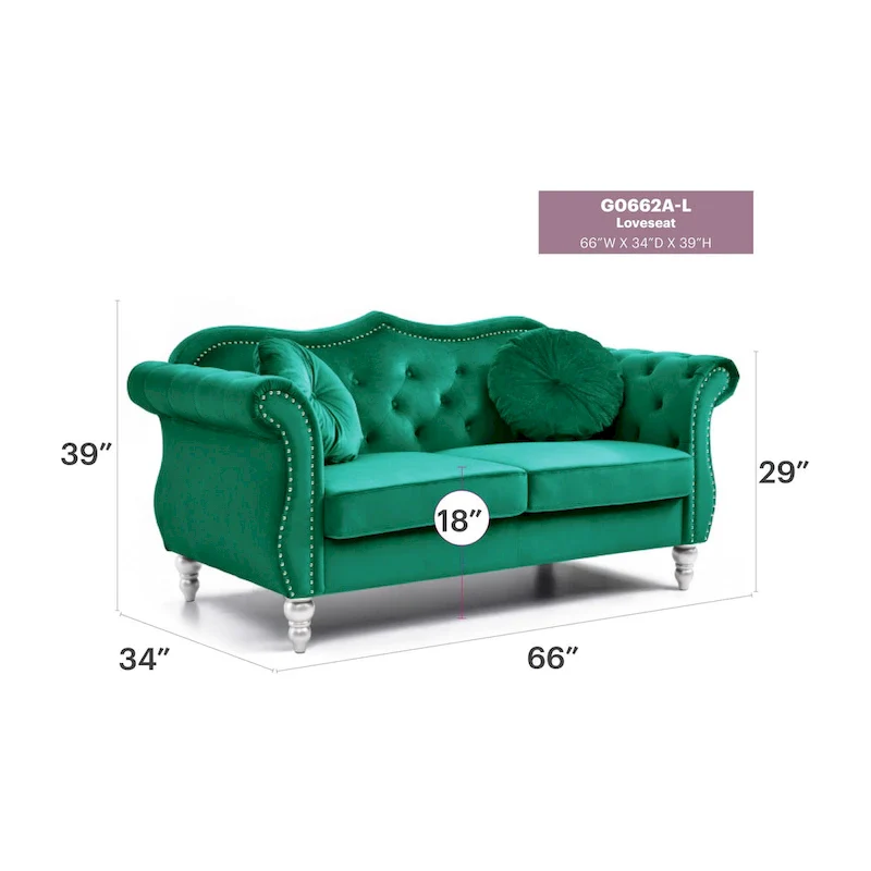 Hollywood 68 in. Velvet Chesterfield Loveseat with 2-Throw Pillow - 68L x 35W x 34H