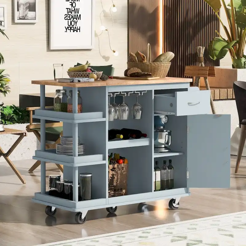 Rubber Wood Kitchen Cart with Adjustable Shelves and Wine Rack