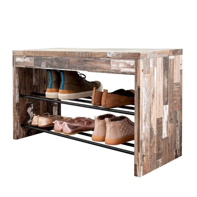 Two-Tier Shoe Bench - Brown Distressed Wood with Iron Shelves