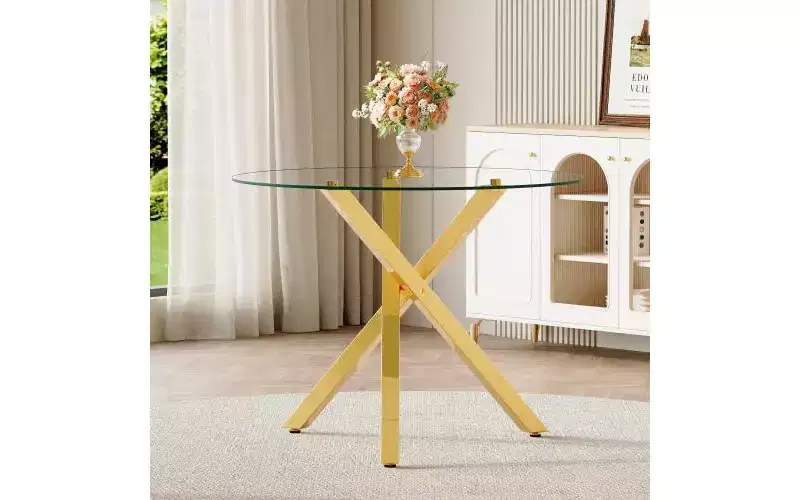 TUYOHW Tempered Glass Dining Table with X-shaped Metal Base,39 Round Kitchen Table for 2-4,Space-saving & Compact Table for Dining,Living Room