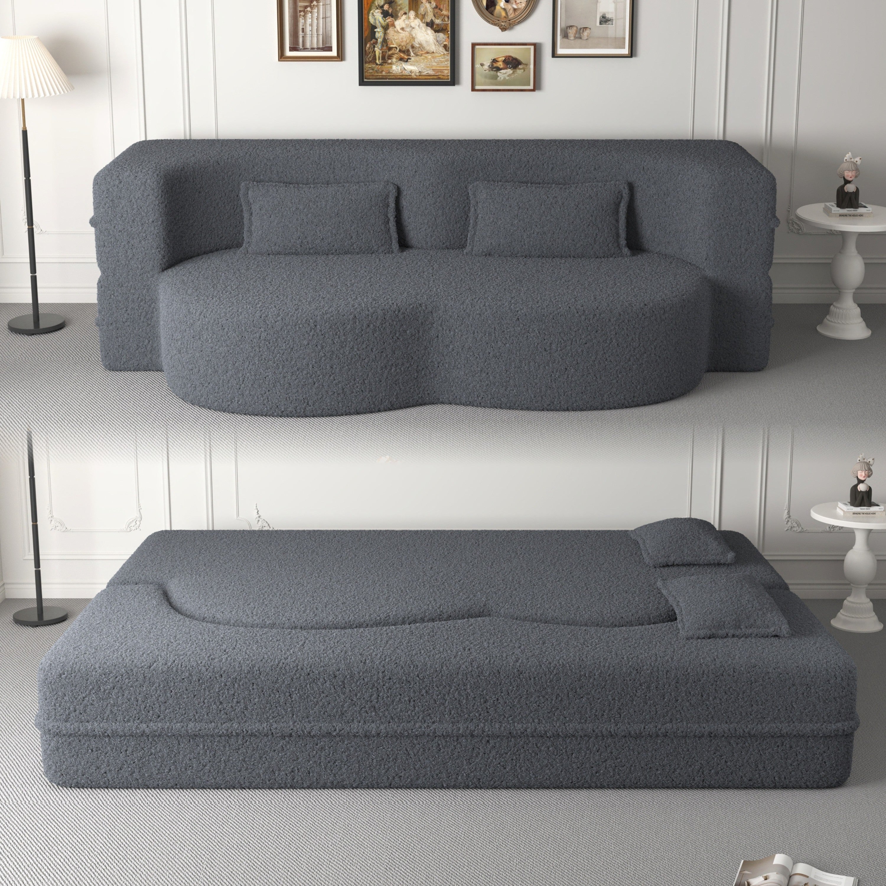 Walker Edison | Convertible Modern Teddy Floor Full Size Sofa Bed with Pillows