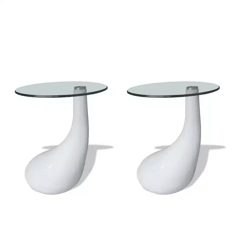 Coffee Table Set of 2 High Gloss White Fiberglass, Tempered Glass