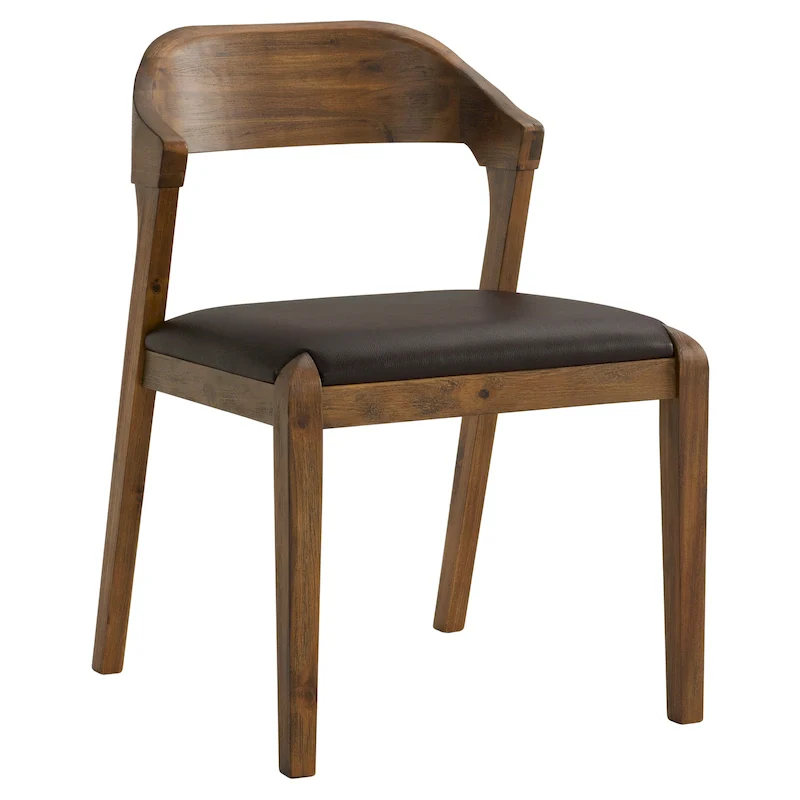 Mid-Century Rubberwood Dining Chair with Faux Leather Seat – Chestnut Wire-Brush