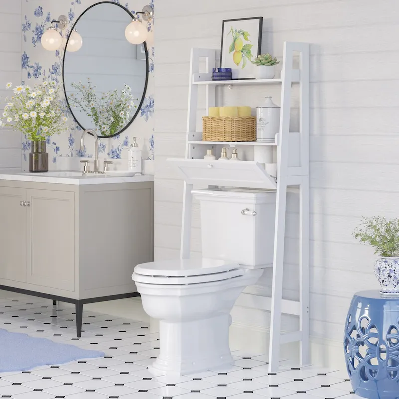 Over-the-Toilet Ladder Shelf with Drop-Down Door - White