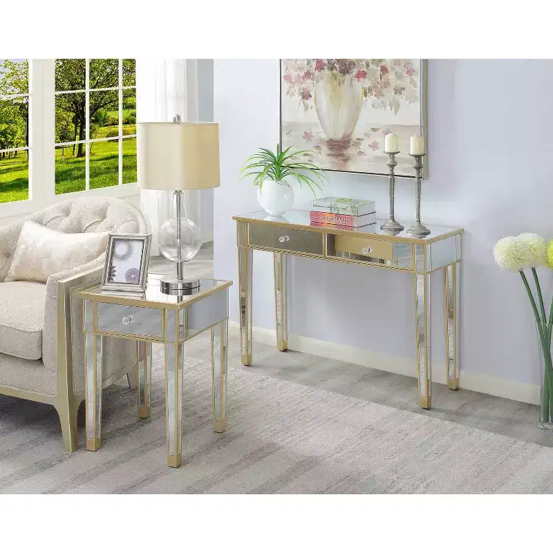 HomeStock Belmont Mirrored End Table with Drawer and Faux Crystal Knob, Elegant Accent Table with Fir Wood Base and Concealed Storage