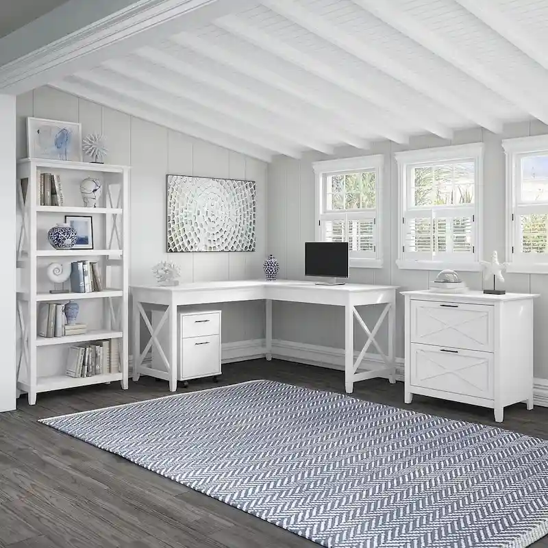 Key West 60W L Desk with File Cabinets and Bookcase by Bush Furniture