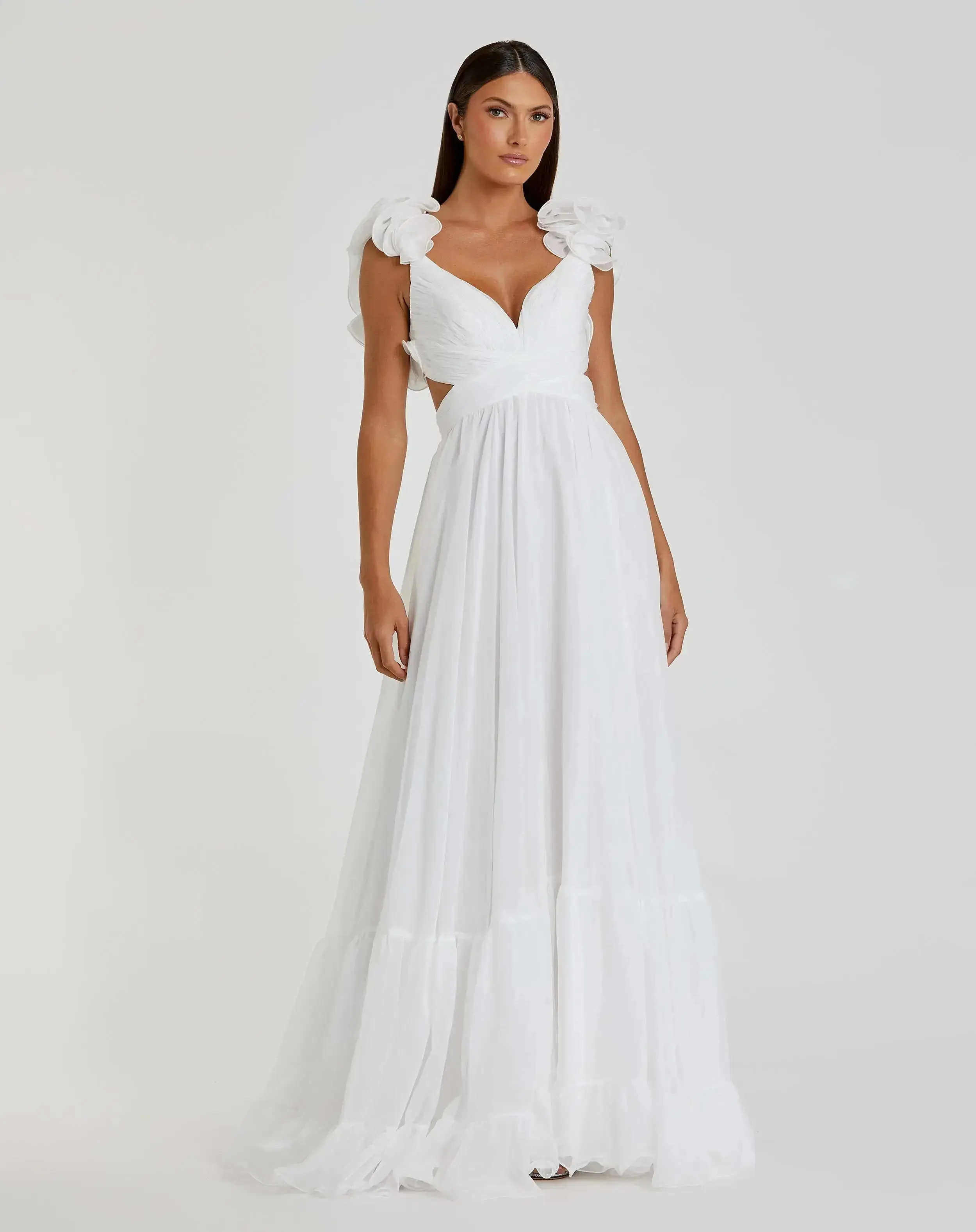 White Ruffle Tiered Cut-Out Chiffon Gown
