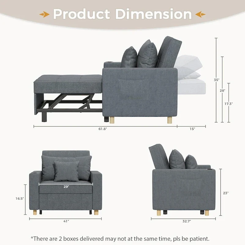 AECOJOY Adjustable Sleeper Chair Bed 3-in-1 Convertible Futon Sofa