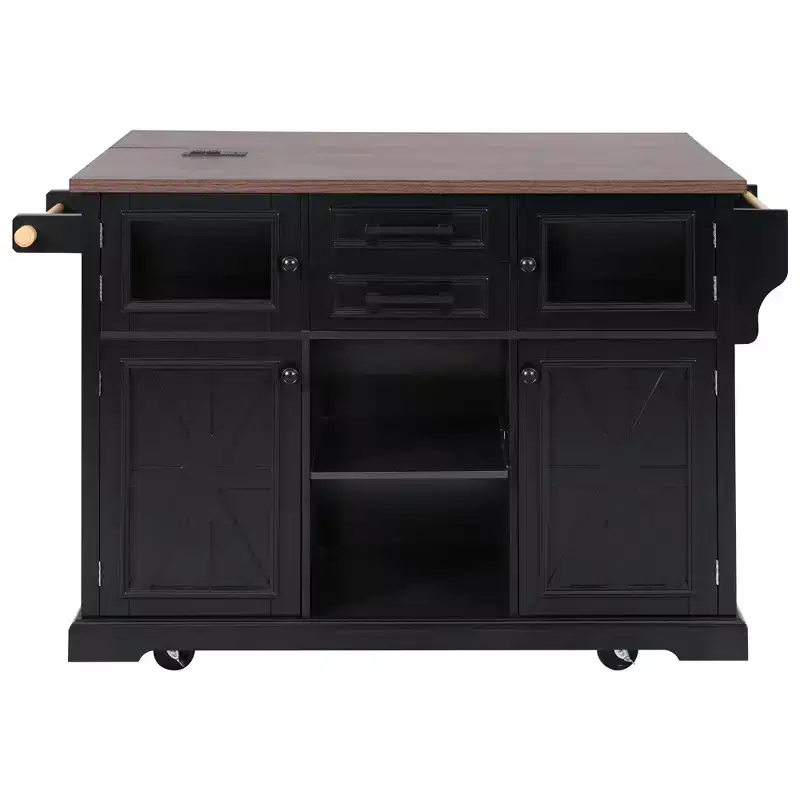 sumyeg 54.9 Kitchen Island with Drop Leaf, Power Outlet, Storage Cart with Glass & Barn Doors, 4 Shelves&Wheels (No Stools)