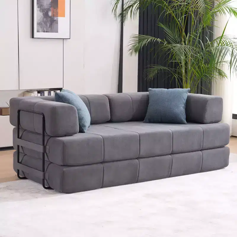 4-in-1 Convertible Sofa Bed, Corduroy Floor Couch Sleeper with 2 Pillows & Metal Arms, High-Density Foam Guest Bed, Gray