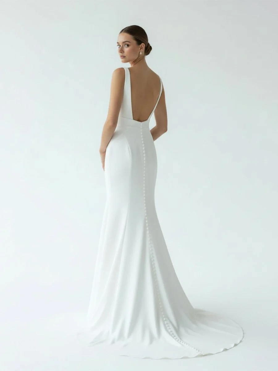 Simple Mermaid V Neck Satin White Wedding Dresses