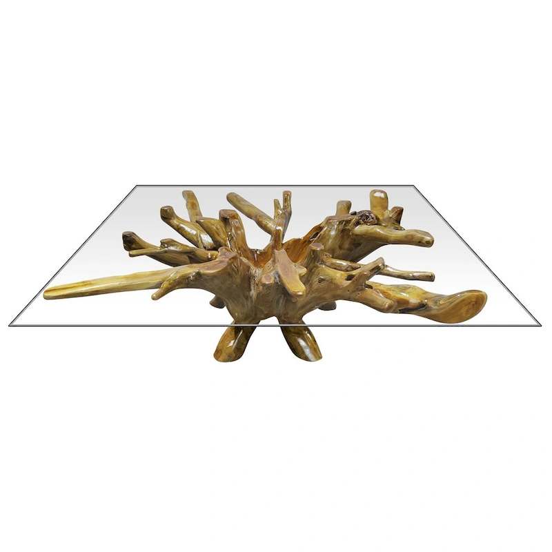 Teak Wood Root Coffee Table Including 55 inch Square Glass Top
