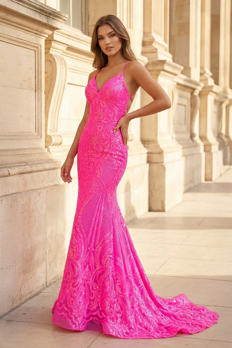 V Neck Pink Glitter Backless Mermaid Bodycon Long Prom Dress