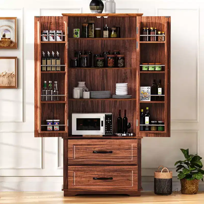 71H Farmhouse Kitchen Pantry Cabinet Cupboard with 2 Drawers, 8 Door Shelves & 3 Adjustable Shelves for Kitchen/Dining Room, Brown/White - ModernLuxe