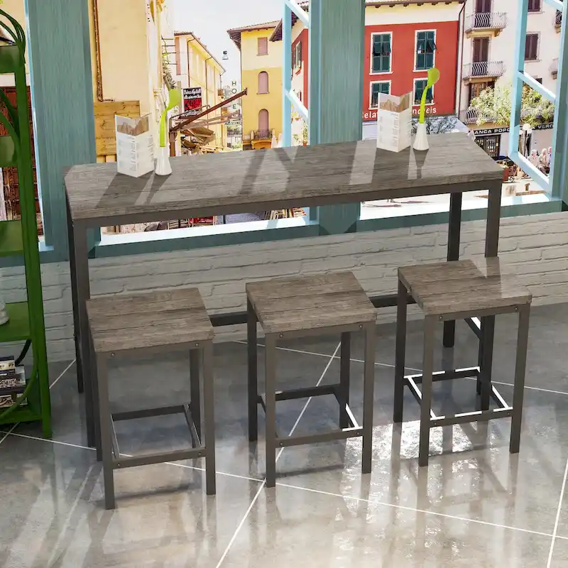 Dark Brown / Natural / Grey Bar-Height Dining Table Set for 3, MDF & Metal Frame