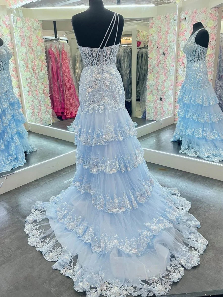 Sheath One Shoulder Tiered Lace Long Prom Dress